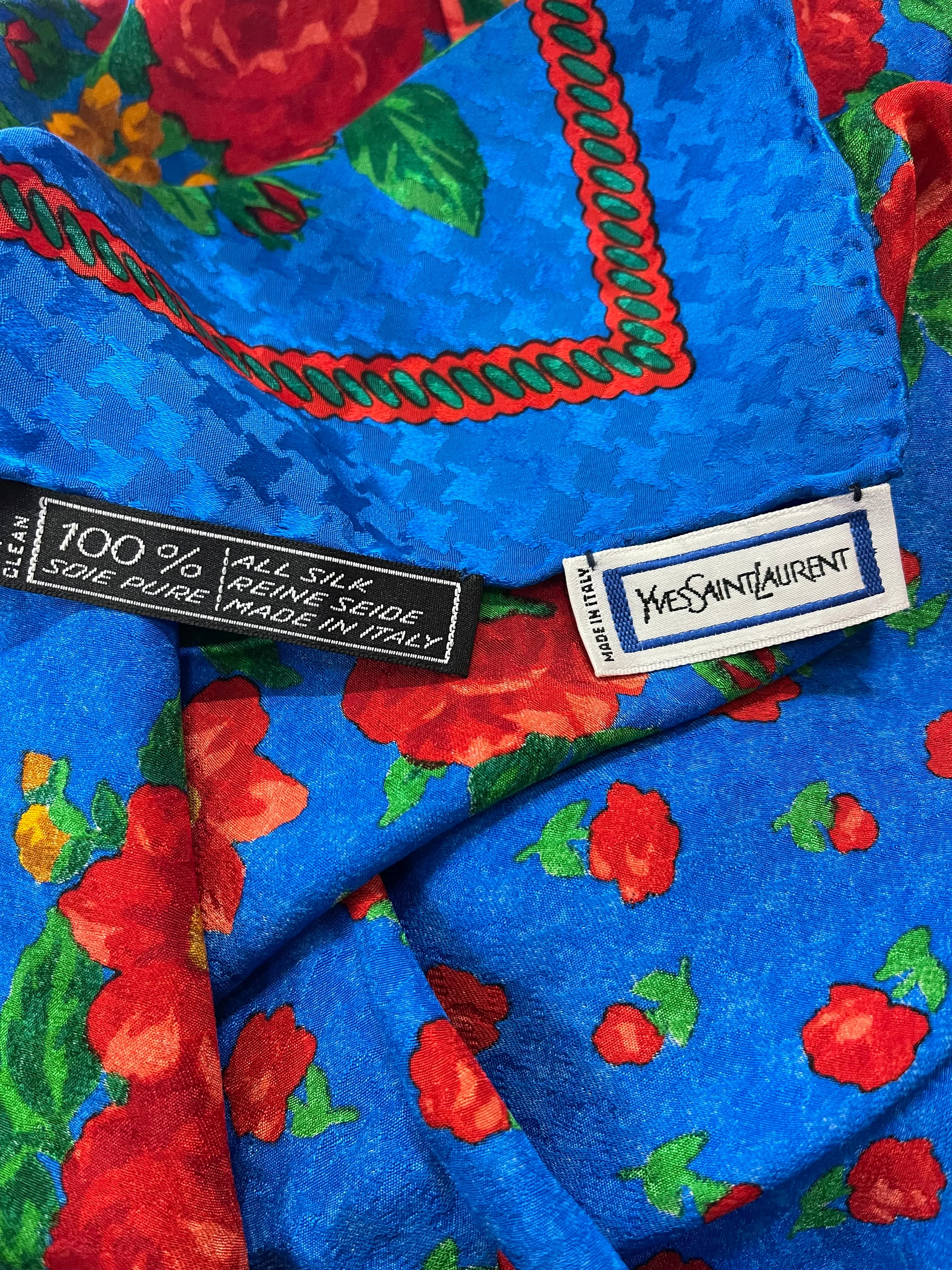 YSL 70s Bright Blue Jacquard Floral Silk Scarf