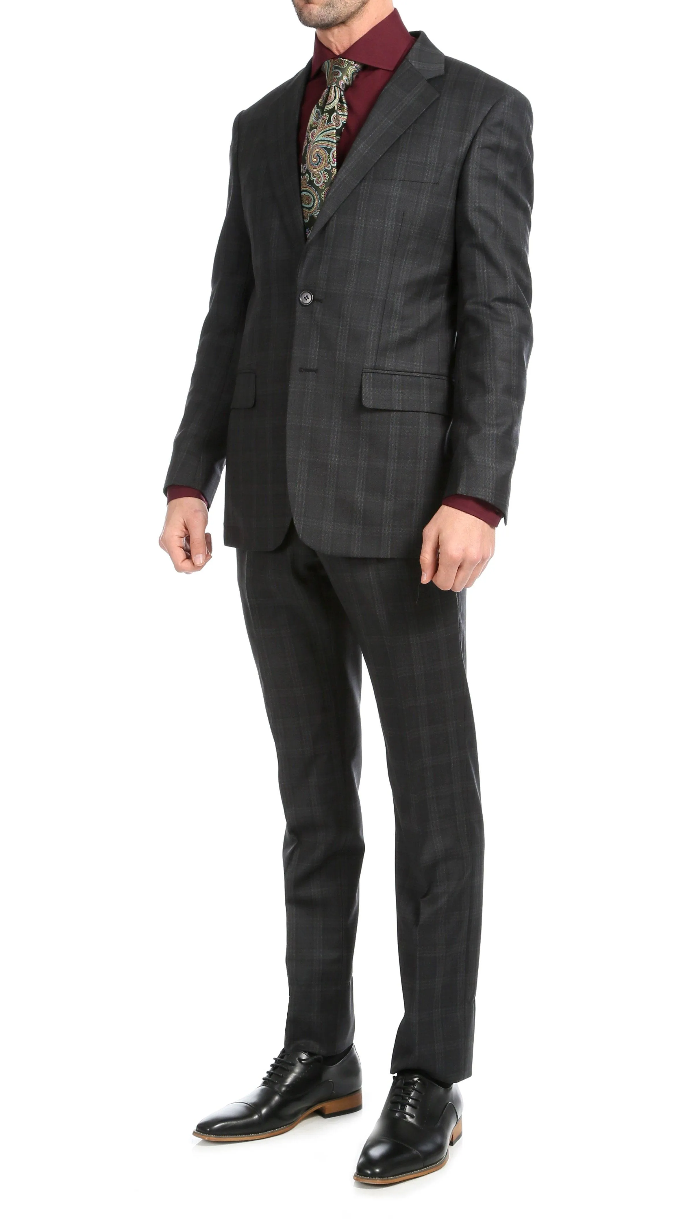 Yves Black Plaid Check Men's Premium 2 Piece Wool Slim Fit Suit