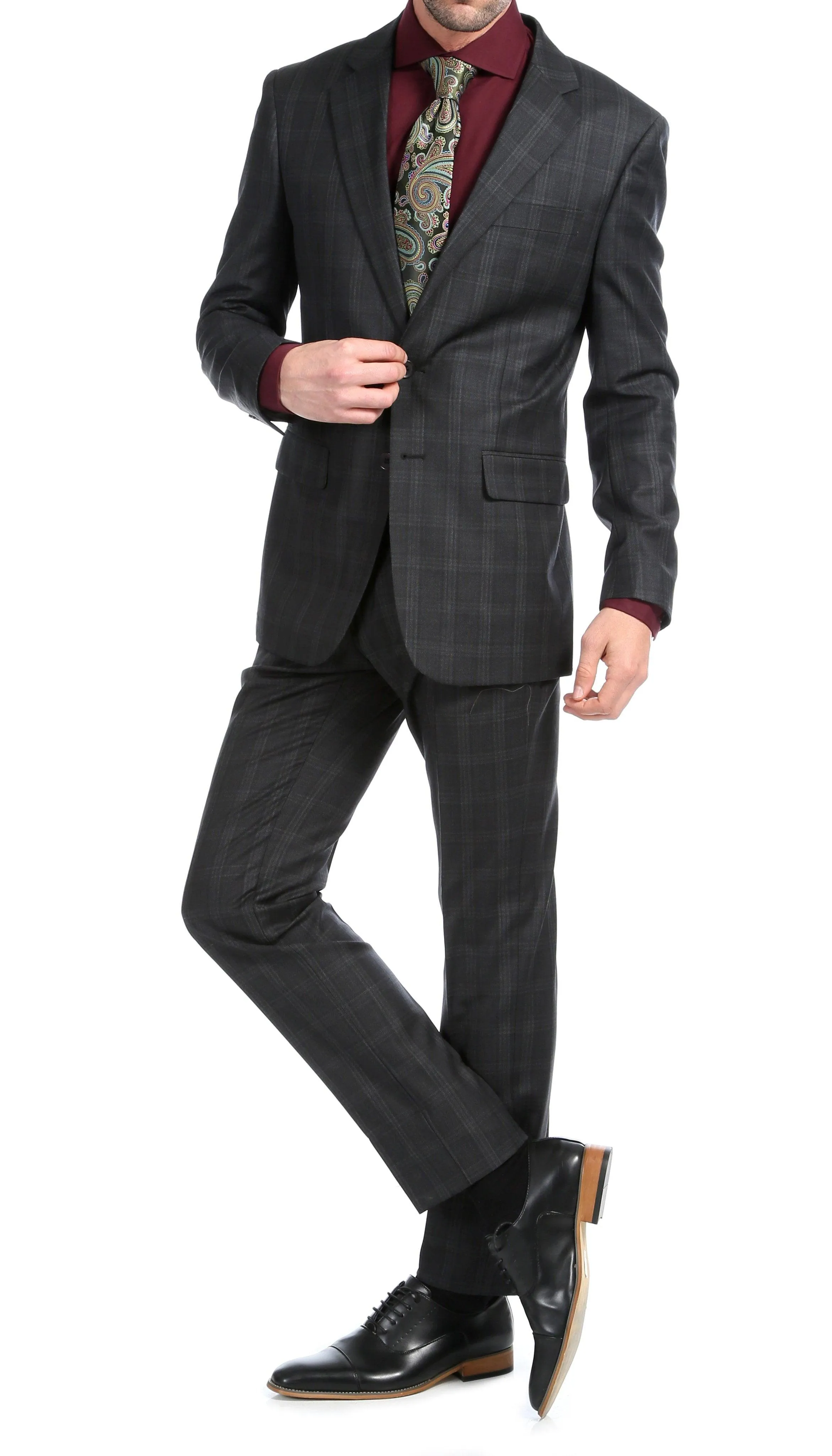 Yves Black Plaid Check Men's Premium 2 Piece Wool Slim Fit Suit