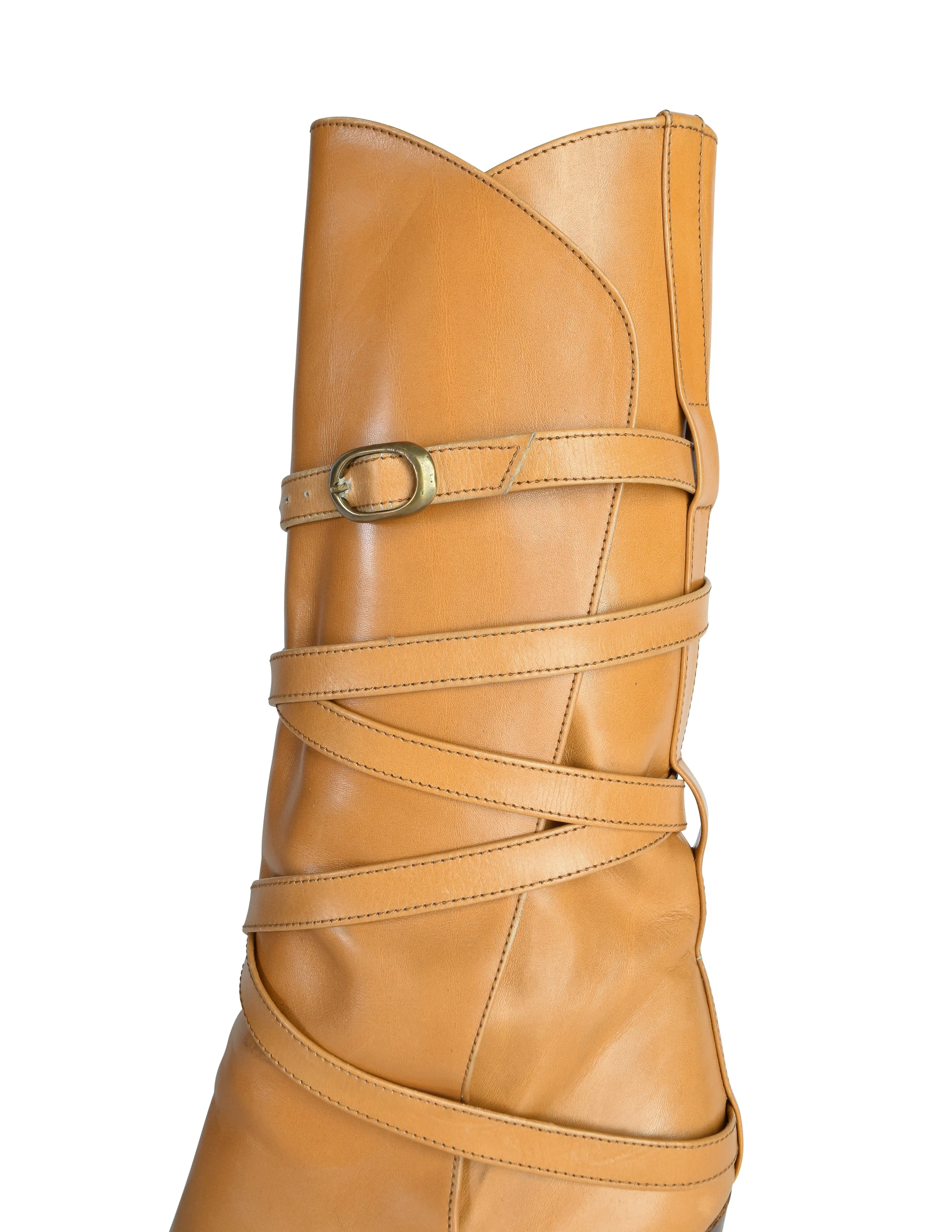 Yves Saint Laurent Vintage AW 1977 Tan Leather Wrap Buckle Strap Mid Calf Boots