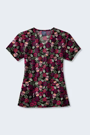 Z12213 Sugar Skull Roses Women's Print Scrub Top