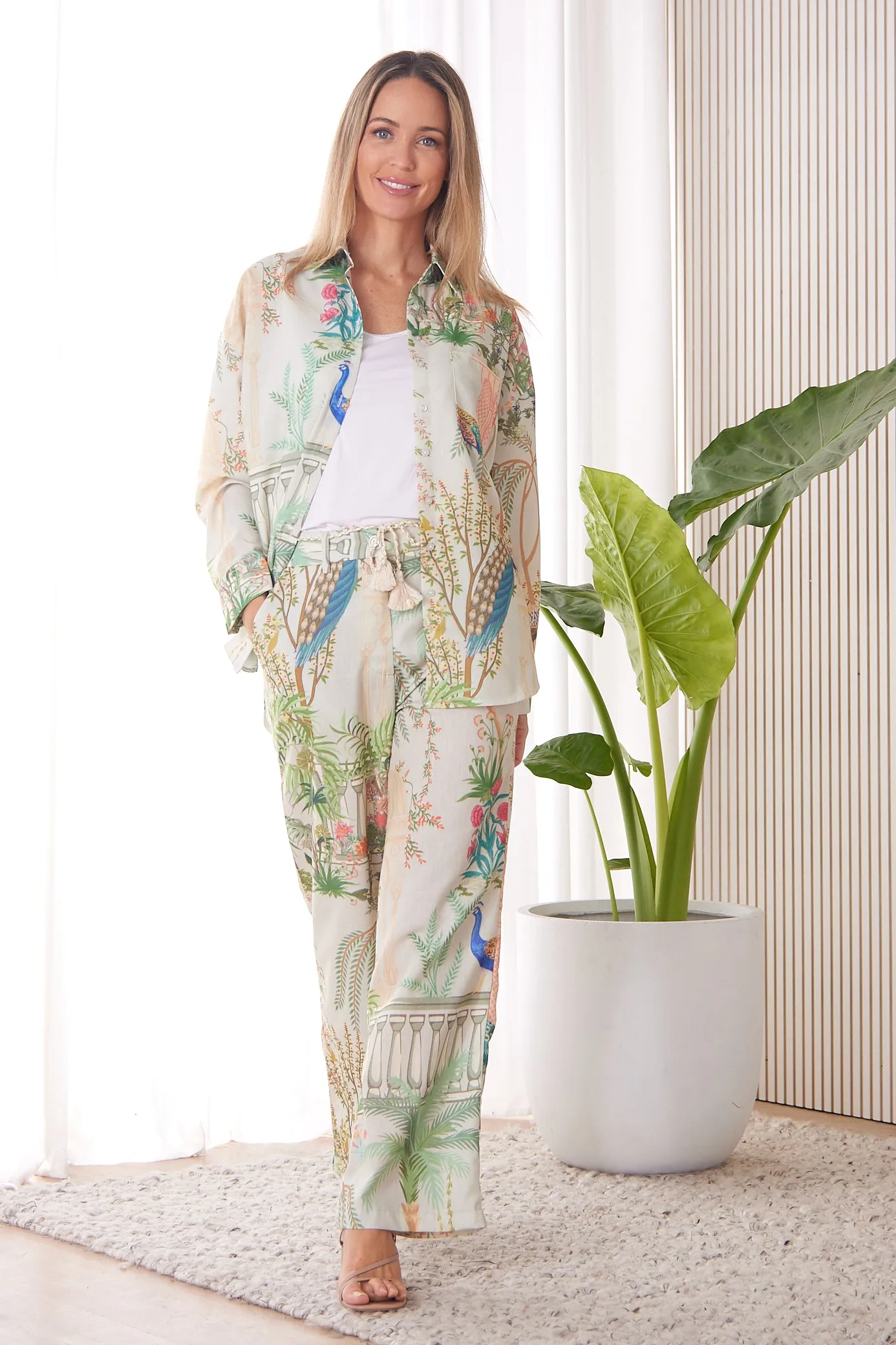 Zafira Linen Pants - Peacock Print