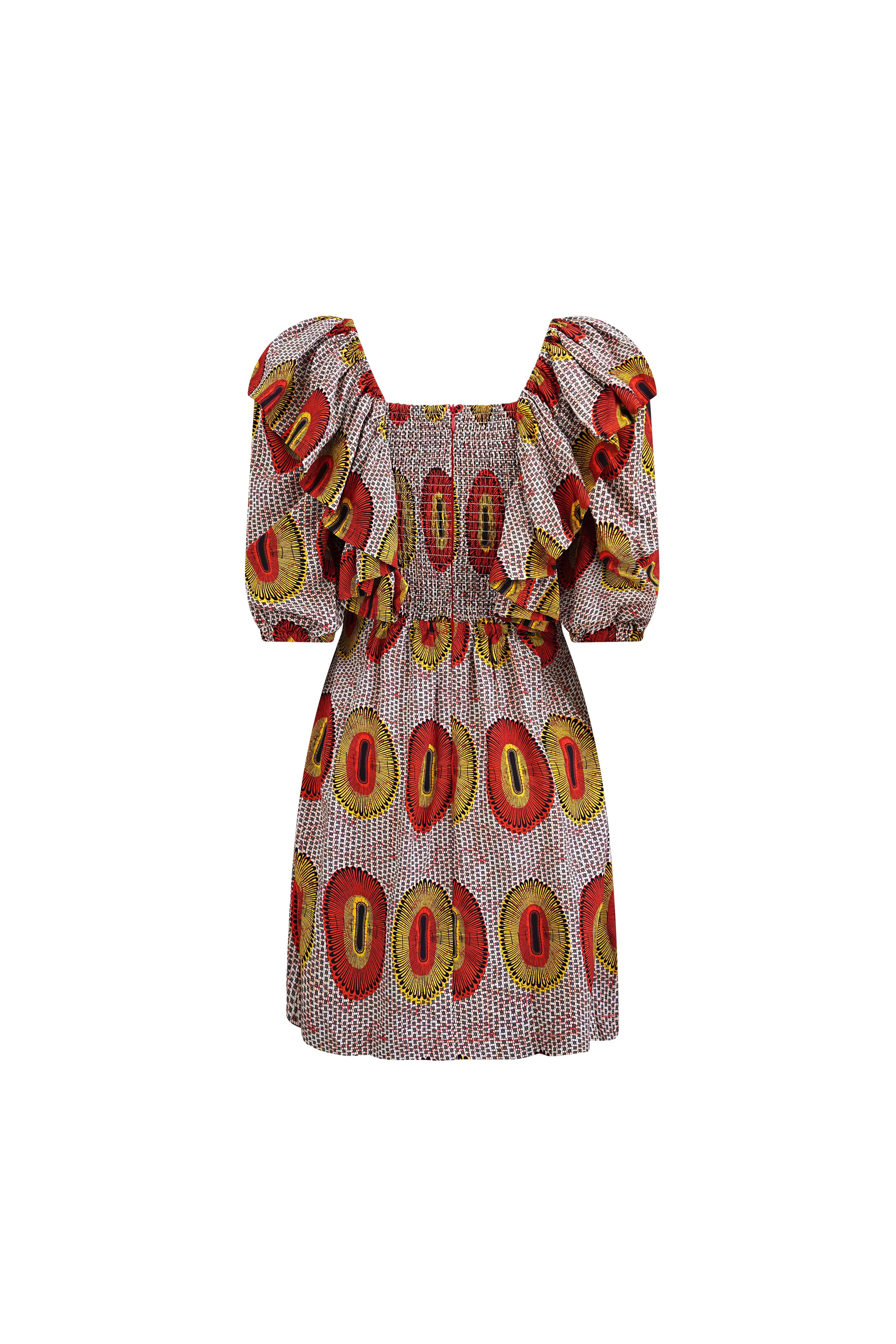 Zalika Mini Dress with Sweetheart Neckline and Twist Detail - Yellow and Orange Rhythmic Spirits Print | ILC OA OG