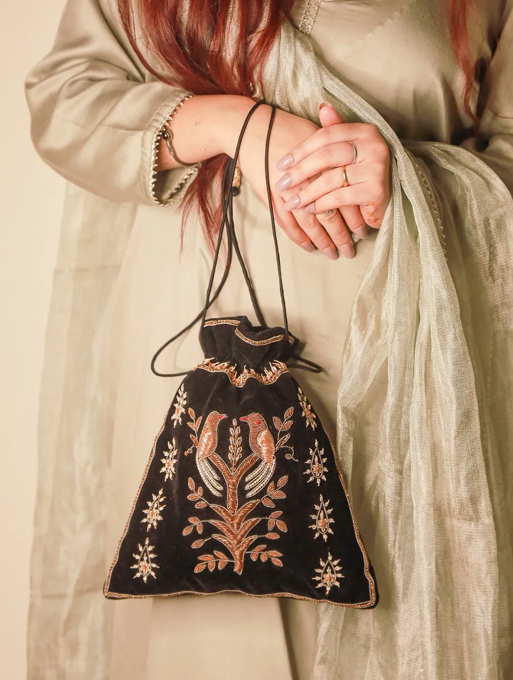 Zardozi and Resham Embroidered Evening Potli Bag - Black birds