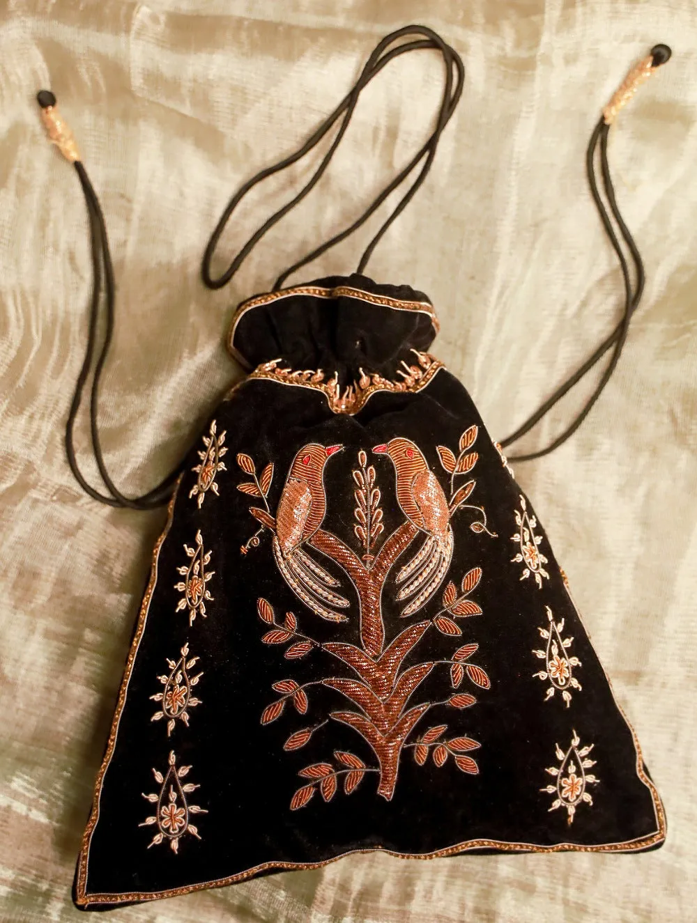 Zardozi and Resham Embroidered Evening Potli Bag - Black birds