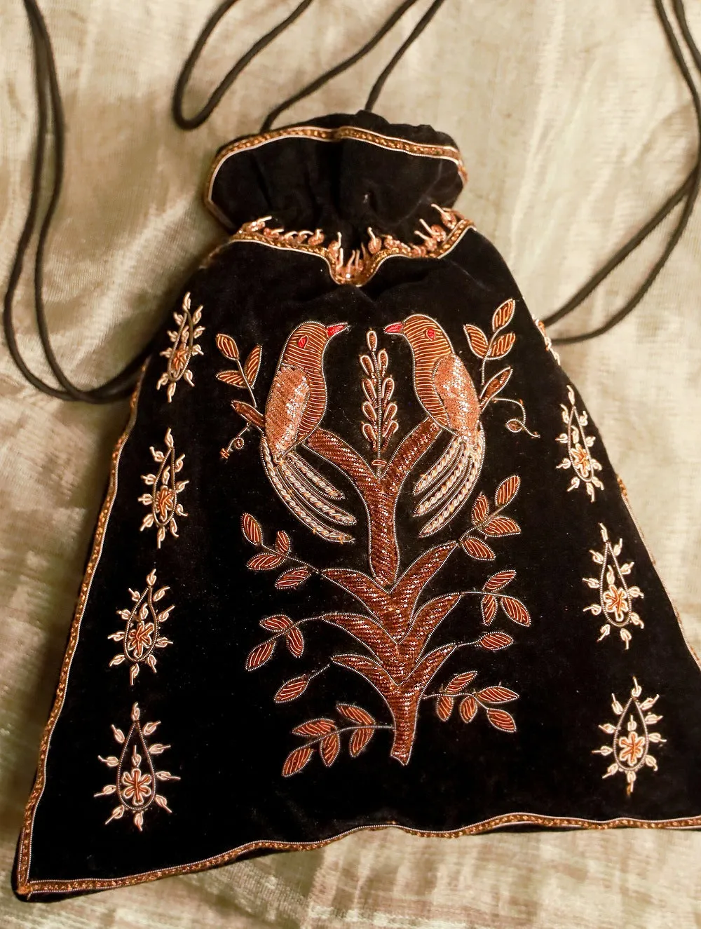 Zardozi and Resham Embroidered Evening Potli Bag - Black birds