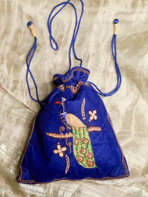 Zardozi and Resham Embroidered Evening Potli Bag - Blue Peacock