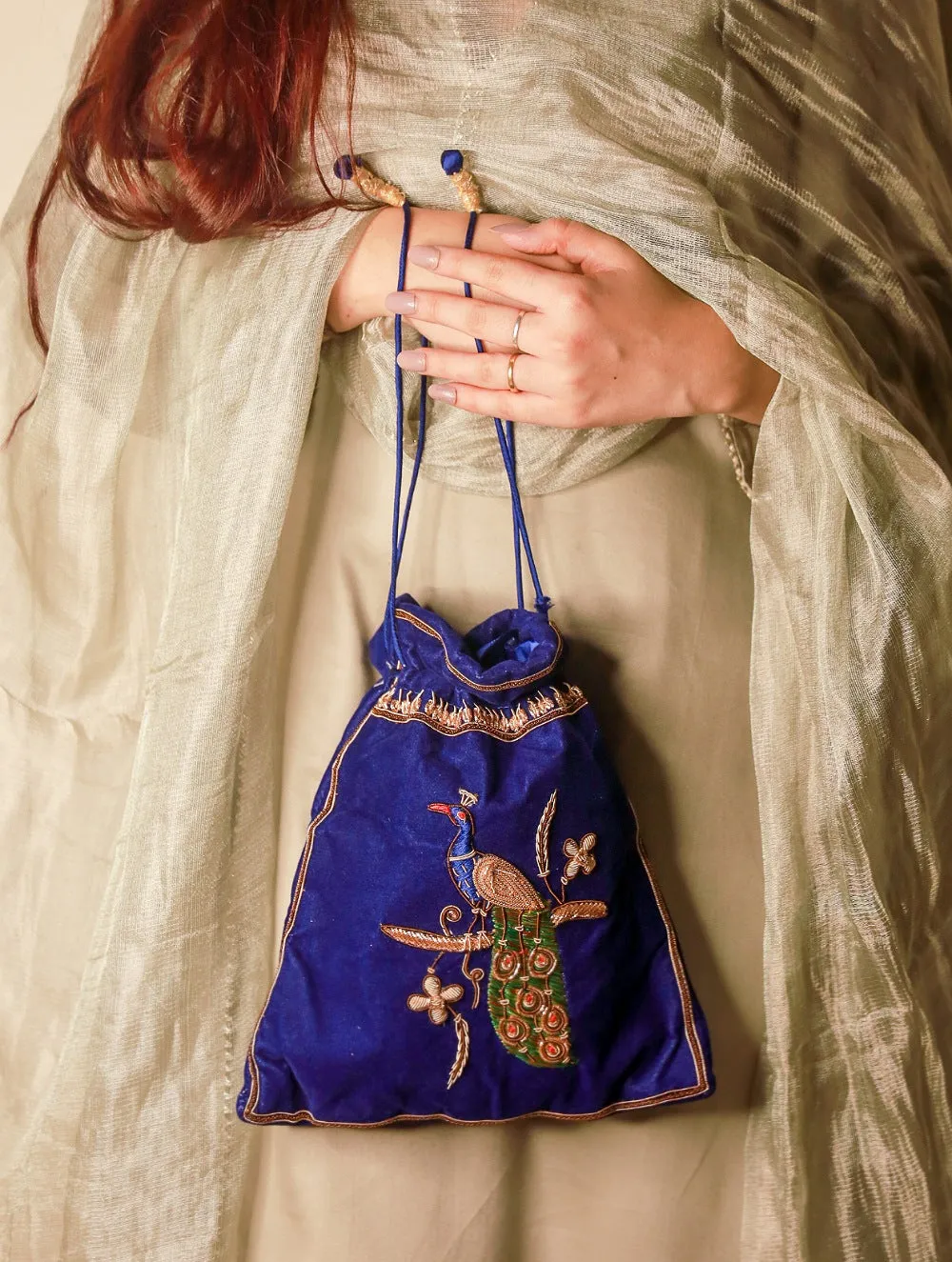 Zardozi and Resham Embroidered Evening Potli Bag - Blue Peacock