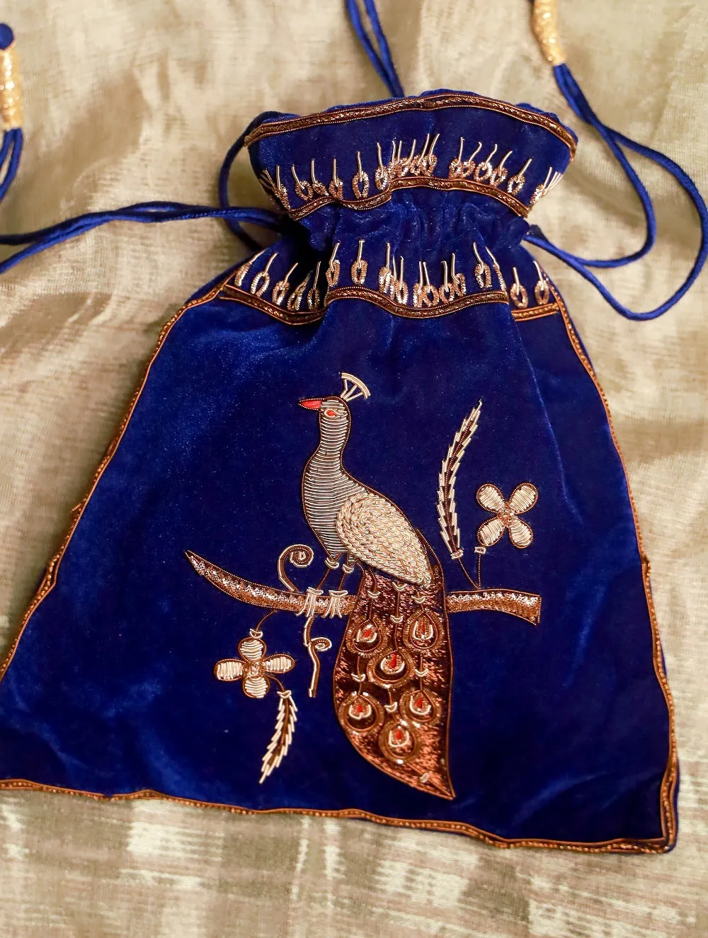 Zardozi and Resham Embroidered Evening Potli Bag - Deep Blue Peacock