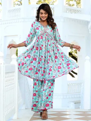 Zardozi Embroidered Silk Floral Printed Flared Kurta With Palazzo