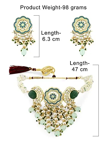 ZAVERI PEARLS Turquoise Blue & Green Meenakari Cascading Waterfall Beads Necklace Earring & Ring Set For Women-ZPFK14607