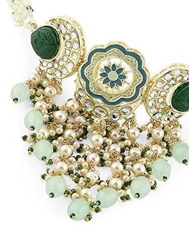 ZAVERI PEARLS Turquoise Blue & Green Meenakari Cascading Waterfall Beads Necklace Earring & Ring Set For Women-ZPFK14607