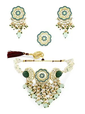 ZAVERI PEARLS Turquoise Blue & Green Meenakari Cascading Waterfall Beads Necklace Earring & Ring Set For Women-ZPFK14607