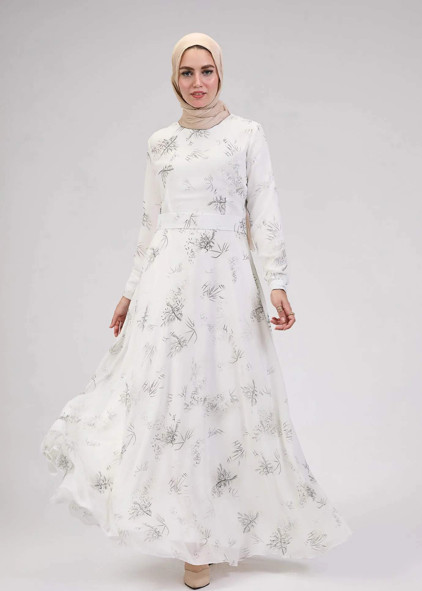 Zayneb Elegant Ivory Chiffon Maxi Dress with Floral Print