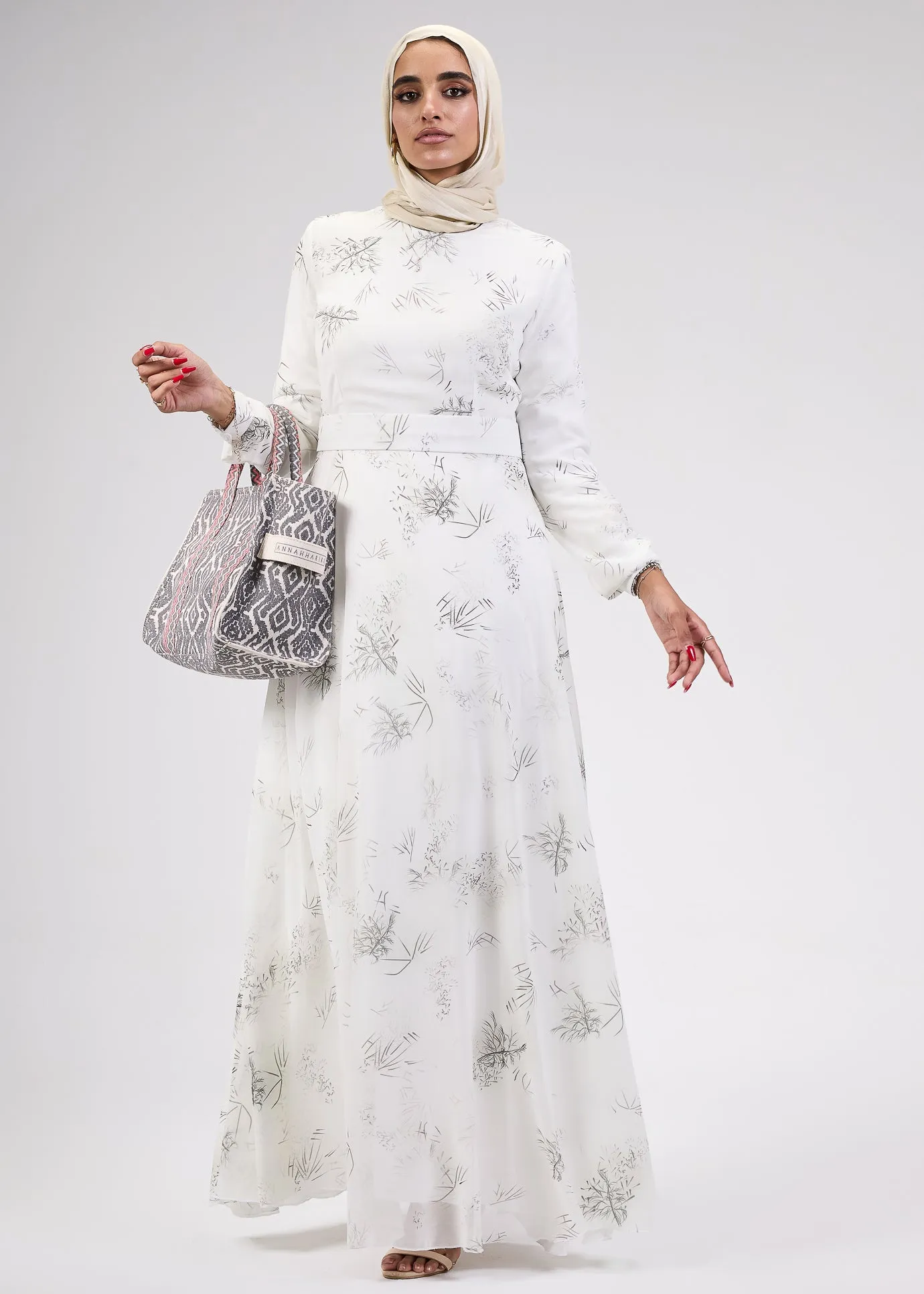 Zayneb Elegant Ivory Chiffon Maxi Dress with Floral Print