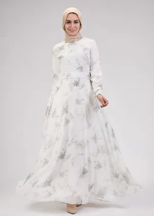 Zayneb Elegant Ivory Chiffon Maxi Dress with Floral Print