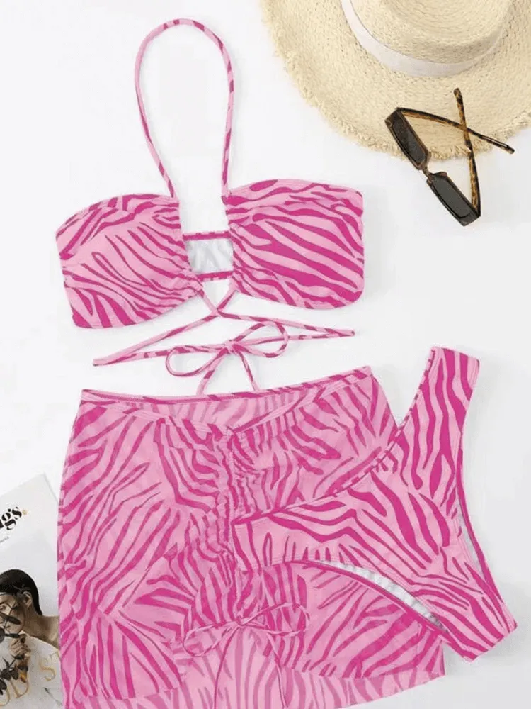 Zebra Print Halter Bikini Set with Wrap Straps - SF2147