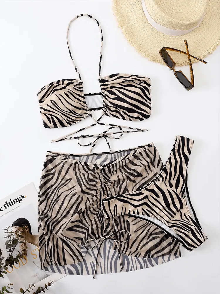 Zebra Print Halter Bikini Set with Wrap Straps - SF2147