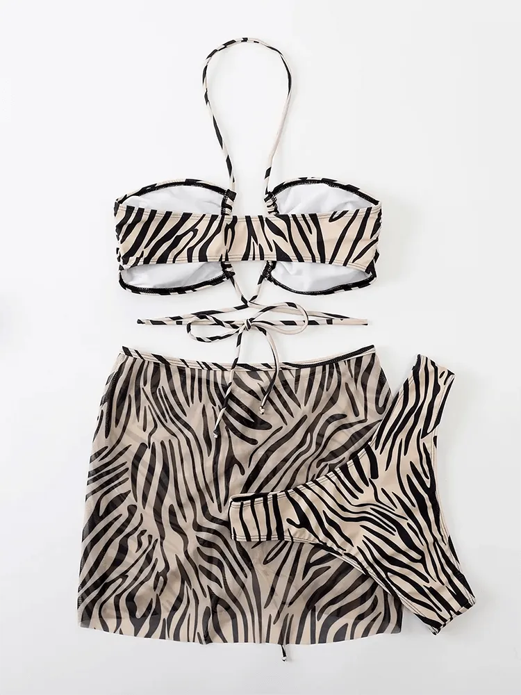 Zebra Print Halter Bikini Set with Wrap Straps - SF2147