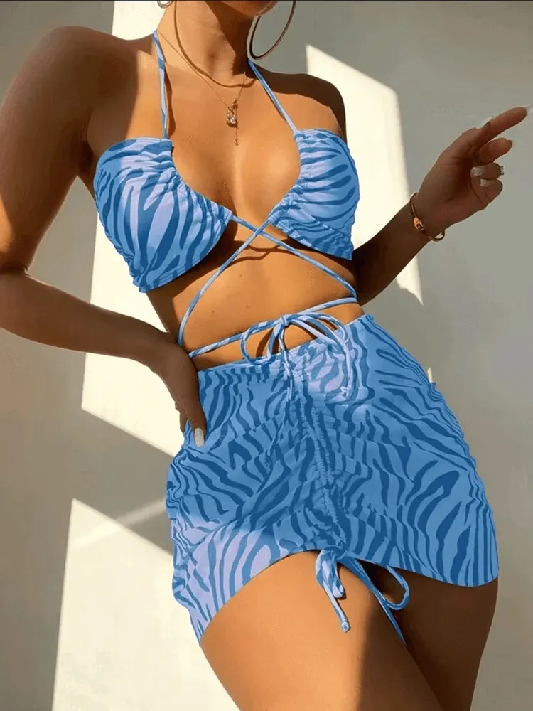 Zebra Print Halter Bikini Set with Wrap Straps - SF2147