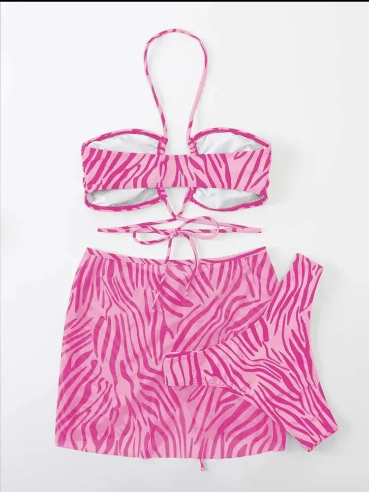 Zebra Print Halter Bikini Set with Wrap Straps - SF2147