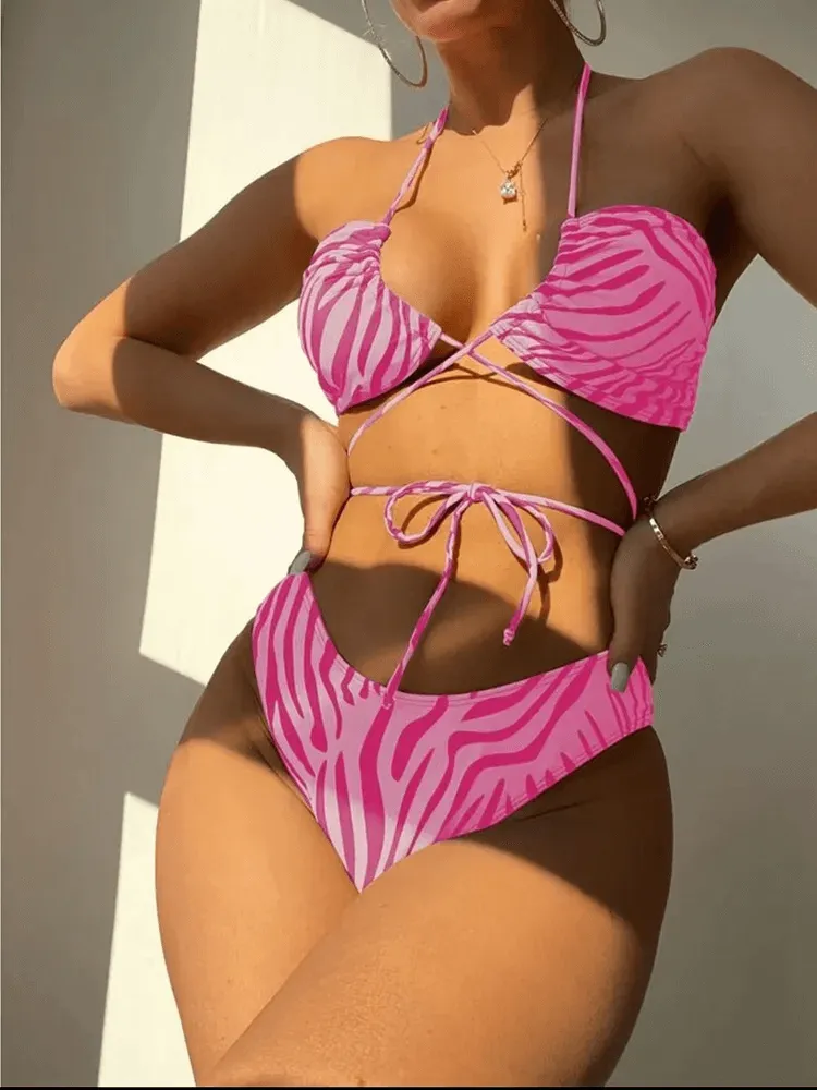 Zebra Print Halter Bikini Set with Wrap Straps - SF2147