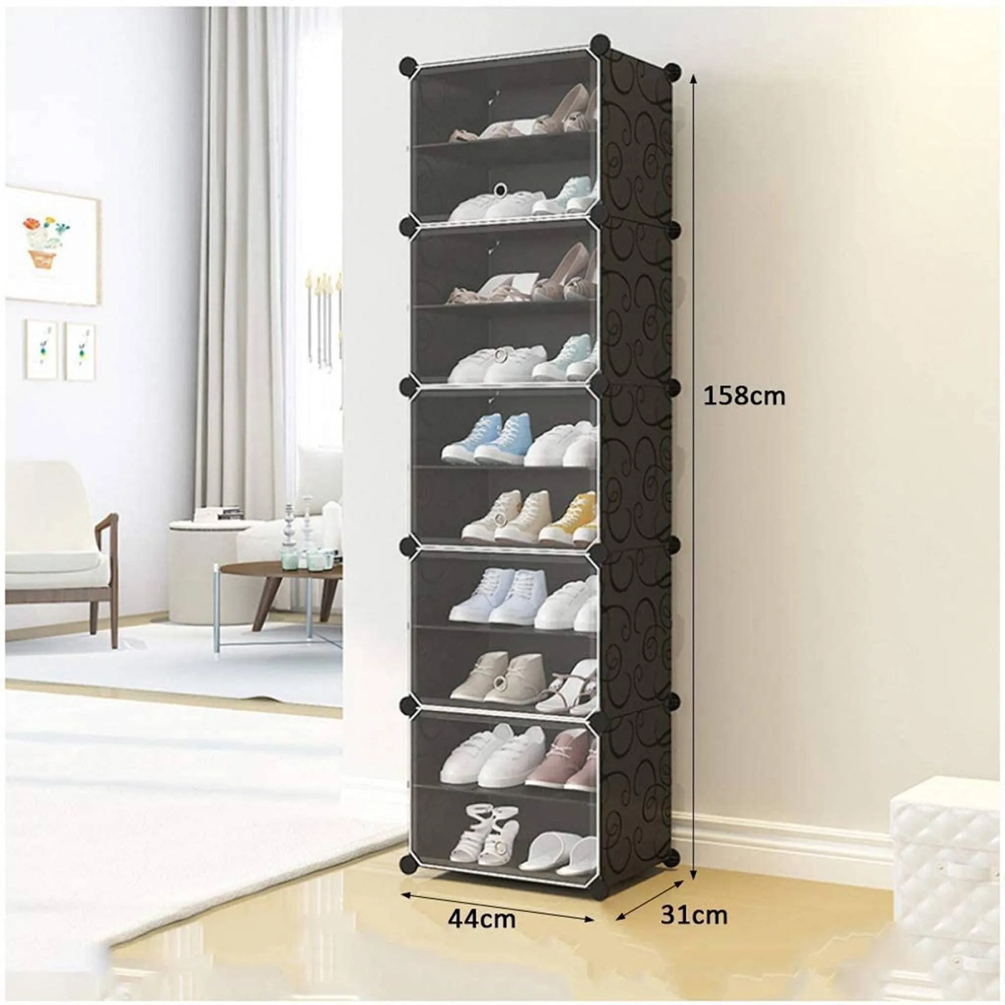 Zemic DIY Premium 10-Shelves 30 Pair Shoe Rack/Cabinet/Multipurpose Storage Rack Tower Shelf Storage Cabinet Stand Expandable for Heels, Boots, Slippers (10-Shelves-Plastic-Double-Black)