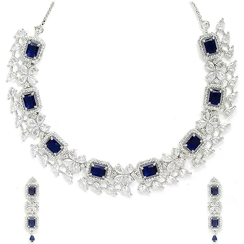 ZENEME Rhodium-Plated with Silver-Toned Blue and White American Diamond Studded Necklace and Earrings Jewellery Set (Blue) For Women