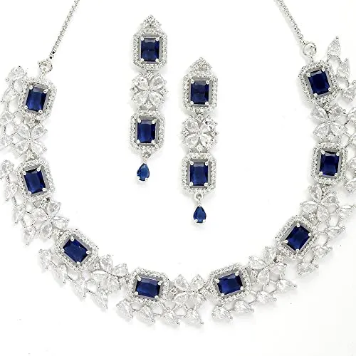 ZENEME Rhodium-Plated with Silver-Toned Blue and White American Diamond Studded Necklace and Earrings Jewellery Set (Blue) For Women