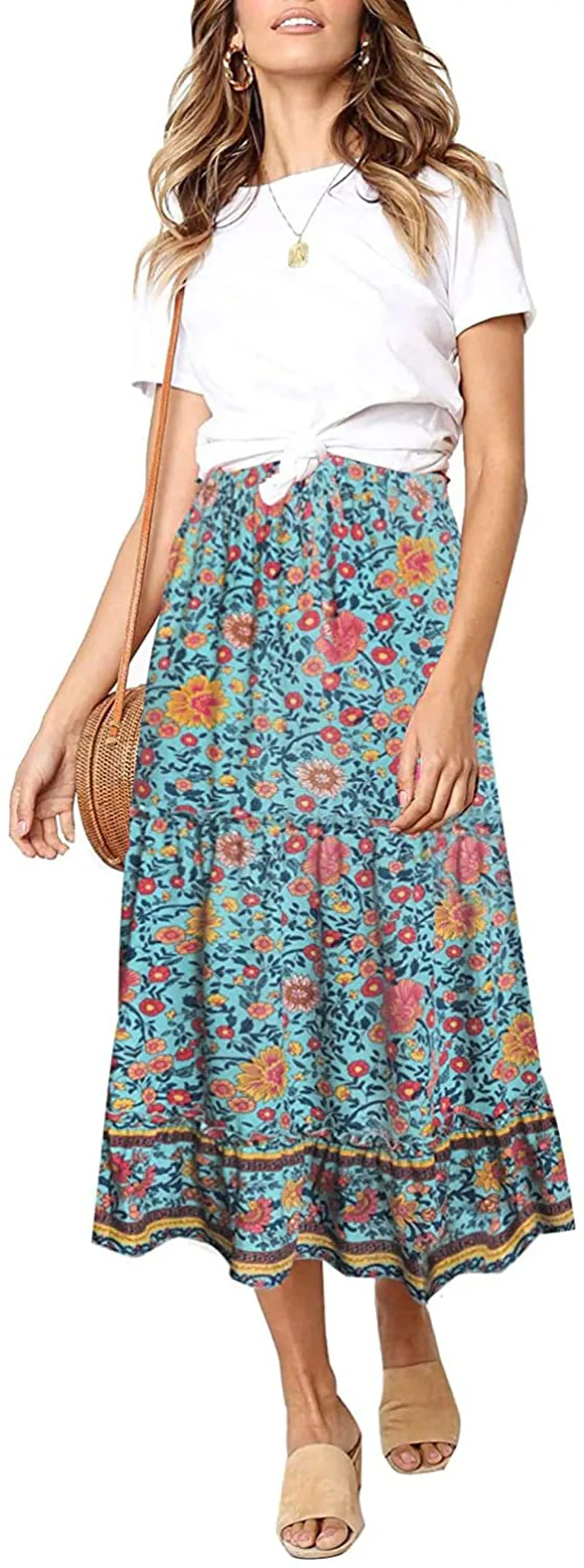 ZESICA Women's Bohemian Floral Printed Elastic Waist A Line Maxi Skirt with Pockets