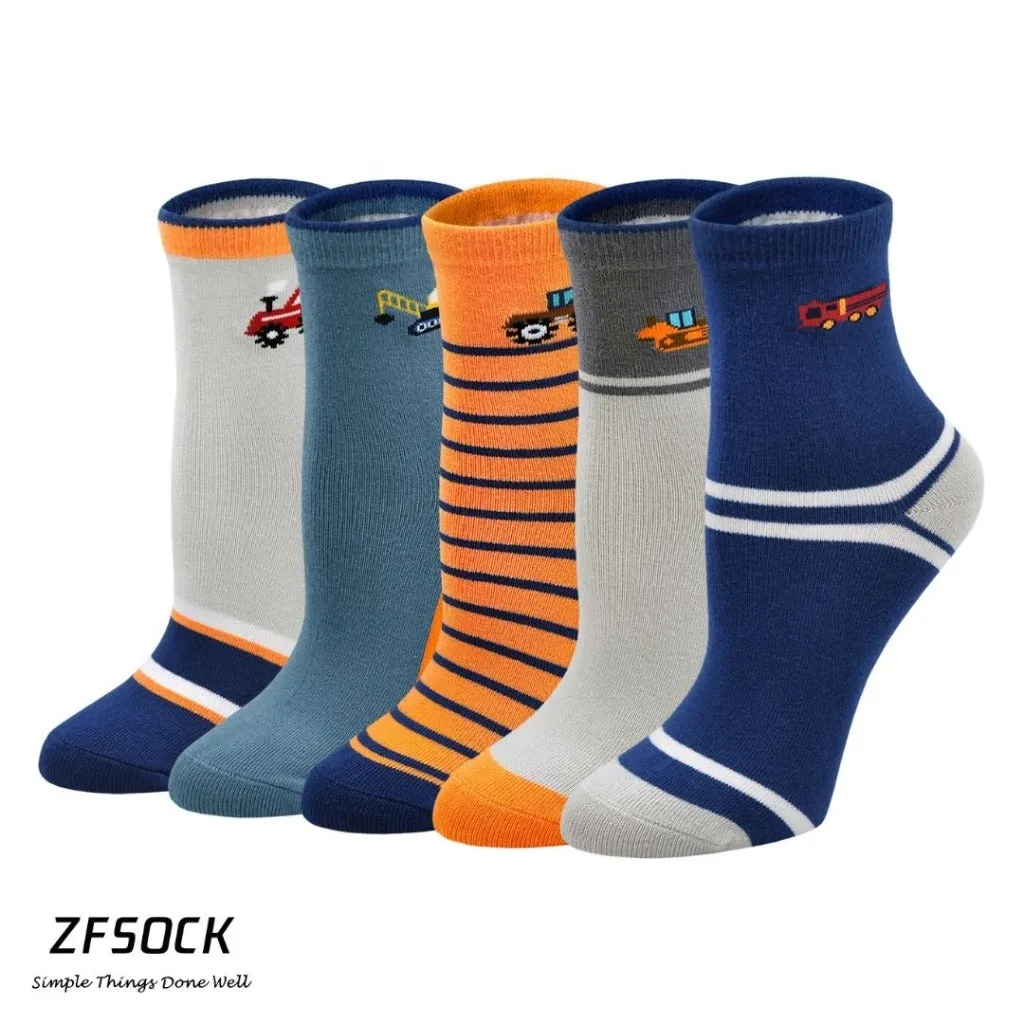 ZFSOCK Cute Tractor Design Crew Socks for Kids Boys, 5 Pairs