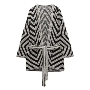 Zig Zag Cardigan with Belt - Kimono Style