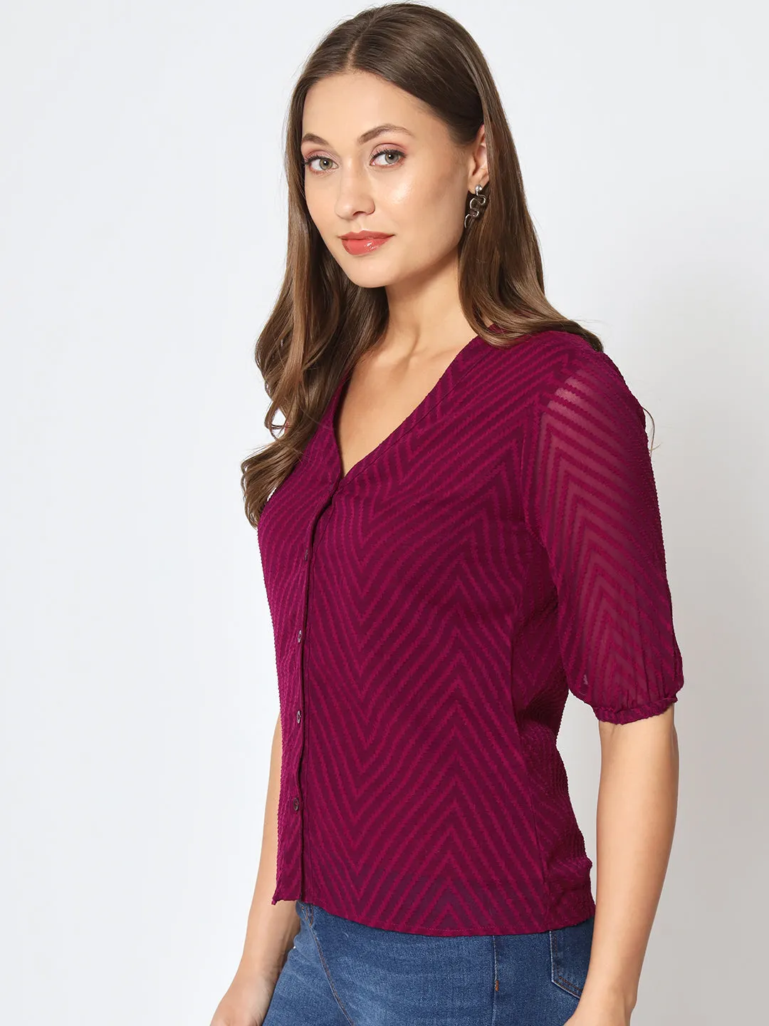 Zig-Zag Pattern V-Neck Top