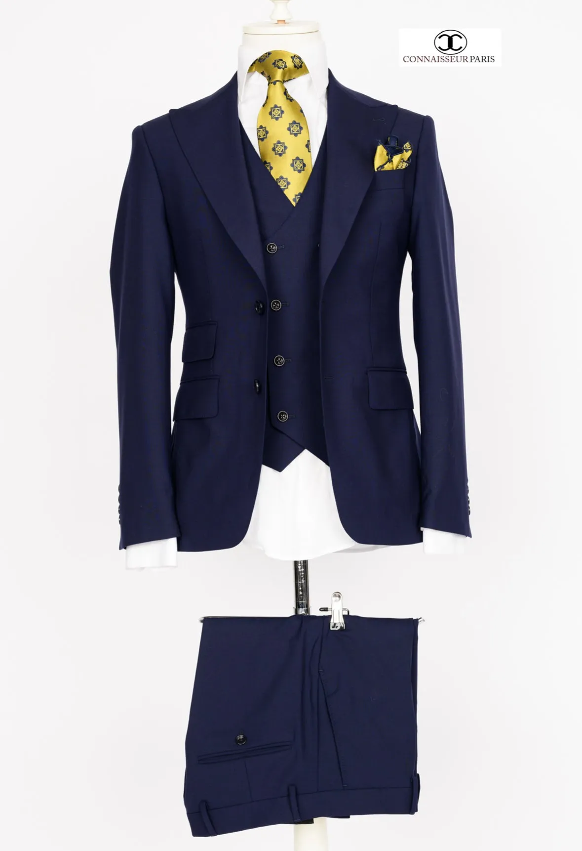 Zignone - Navy Blue 3-piece slim fit suit with wide lapel and patch pockets and double breasted V vest