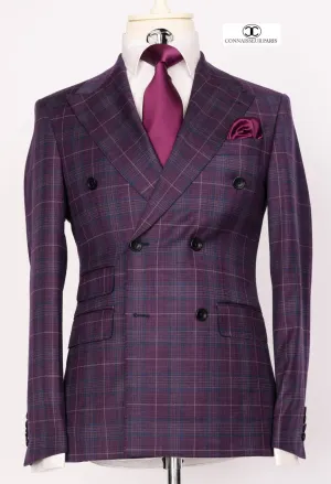 Zignone - Plum purple checkered double breasted 2-piece slim fit suit with wide lapel