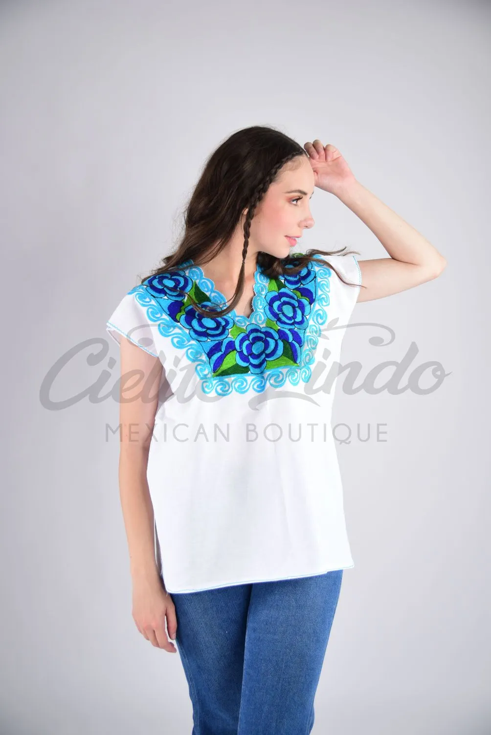 Zina White Top with Blue Embroidery