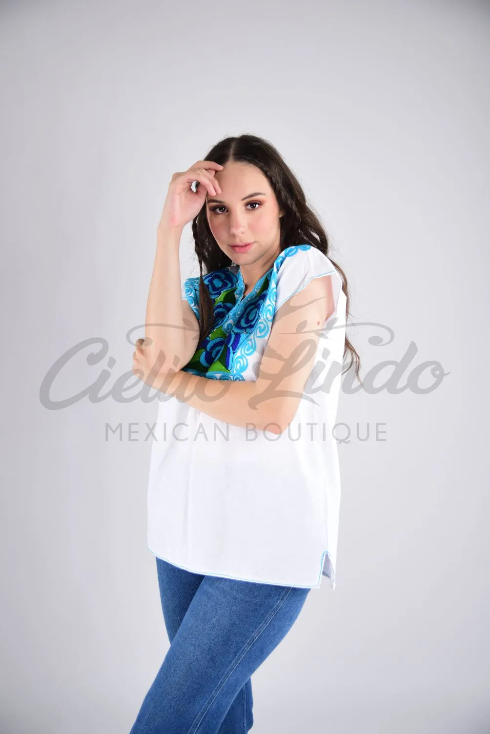 Zina White Top with Blue Embroidery