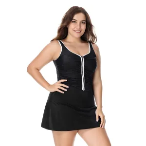 Zip Front Skirted Plus Size Black One Piece Swimsuit