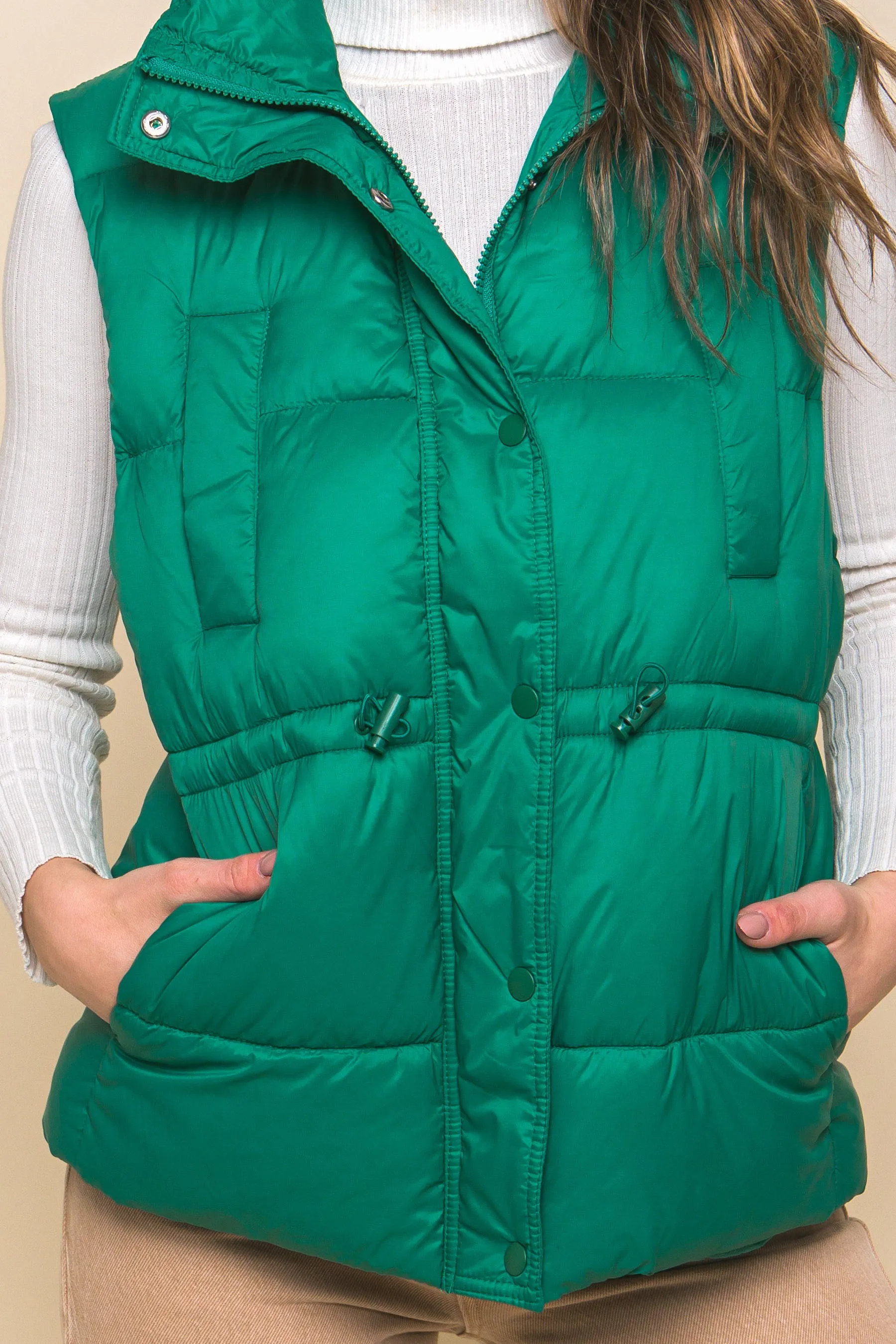 Zip Up Button Puffer Vest With Waist Toggles