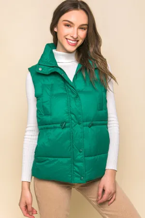 Zip Up Button Puffer Vest With Waist Toggles