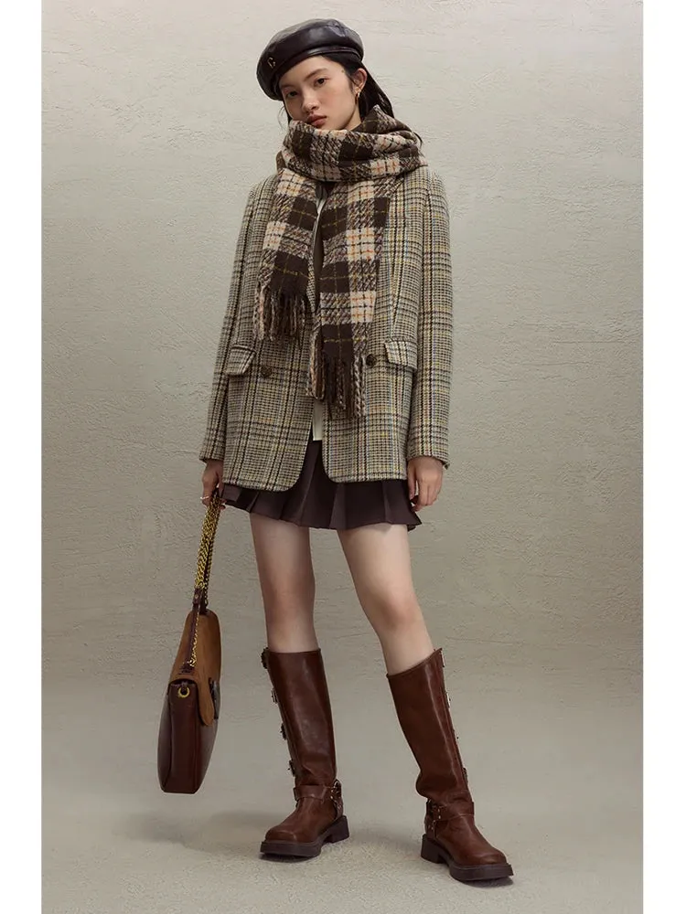 ZIQIAO 100% Wool Brown Retro Woolen Suit Jacket For Women's 2023 Winter New Plaid Short Jacket Solid Women Jackets Casual