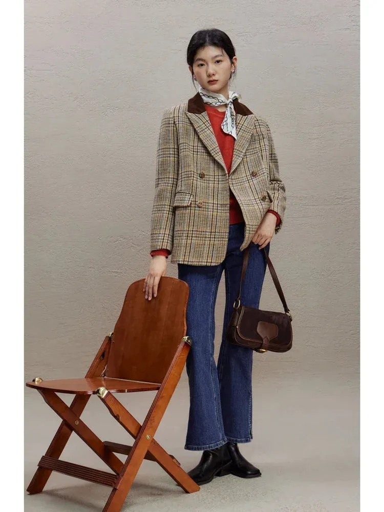 ZIQIAO 100% Wool Brown Retro Woolen Suit Jacket For Women's 2023 Winter New Plaid Short Jacket Solid Women Jackets Casual