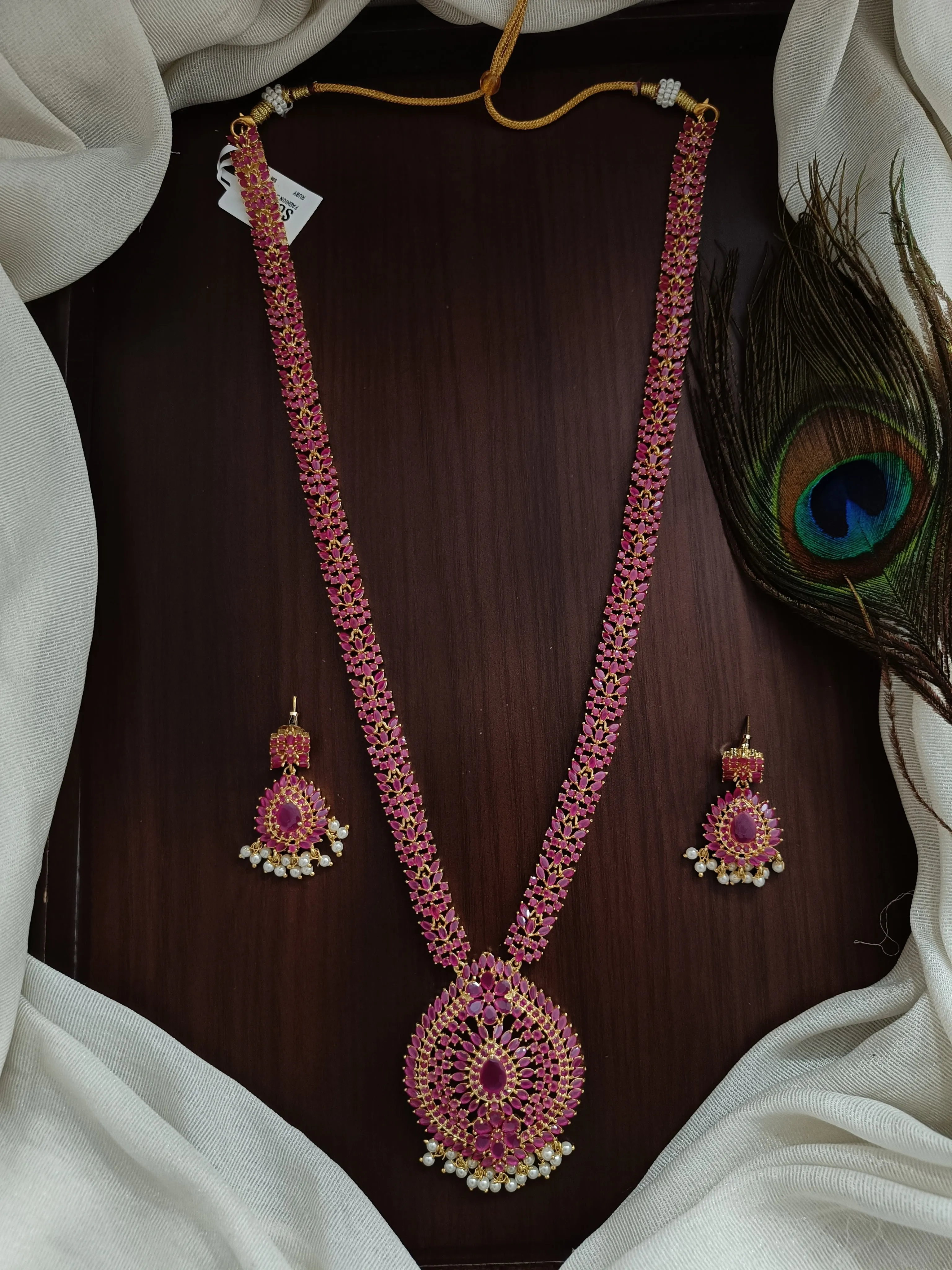 Zircon Long Necklace Set With Real Pearls Hydro Ruby Color