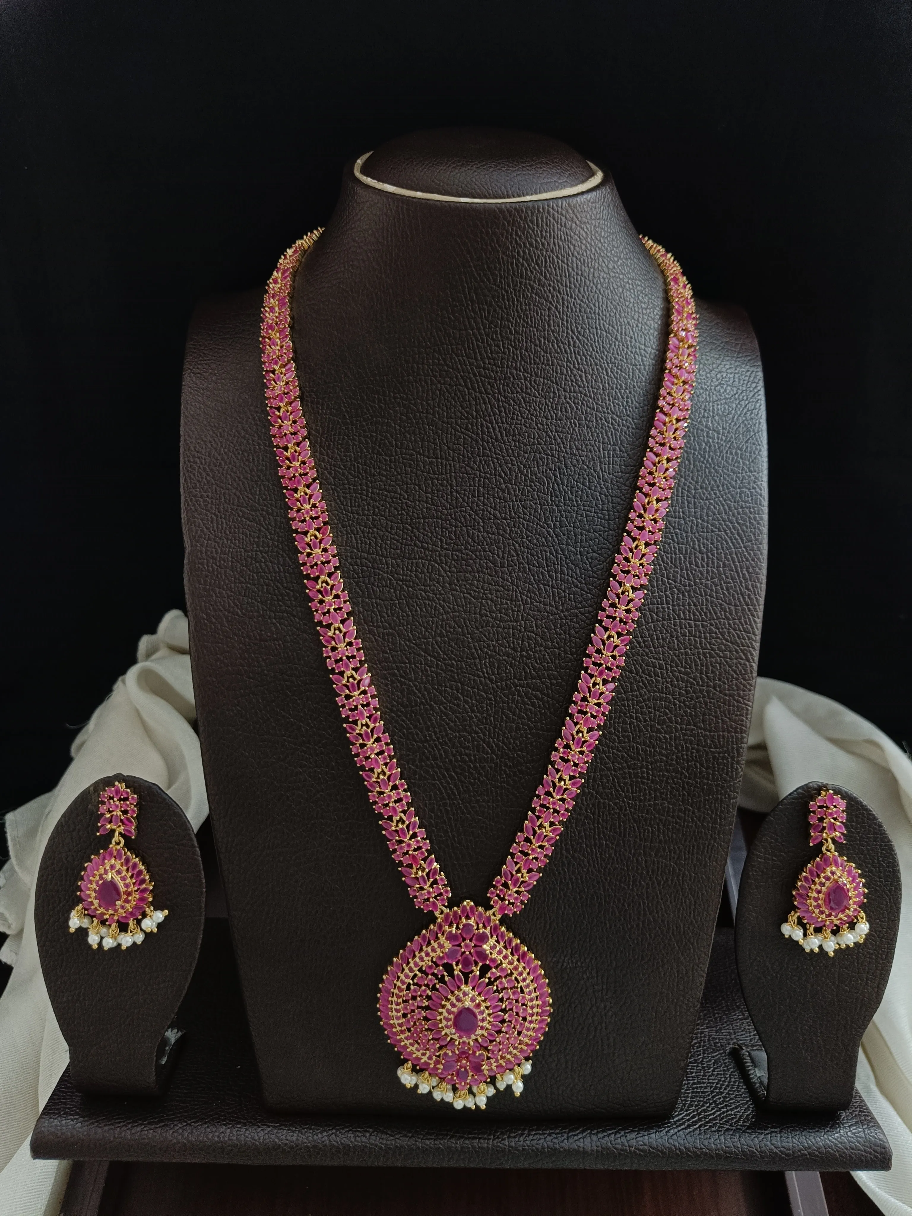 Zircon Long Necklace Set With Real Pearls Hydro Ruby Color