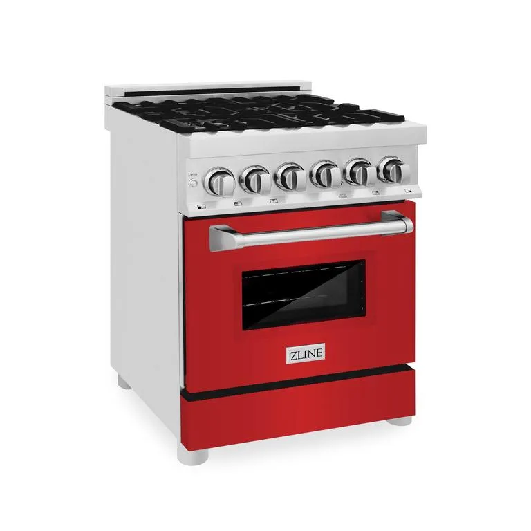 ZLINE 24 in. Professional Dual Fuel Range in DuraSnow® Stainless Steel with Red Matte Door (RAS-RM-24)