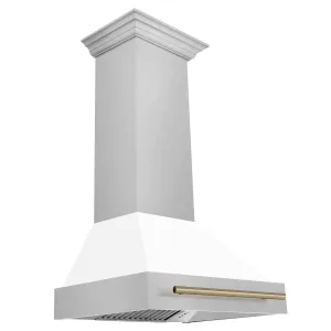 ZLINE 30" Autograph Edition DuraSnow® Stainless Steel Range Hood with White Matte Shell and Champagne Bronze Handle (8654SNZ-WM30-CB)