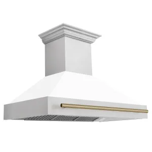 ZLINE 48" Autograph Edition DuraSnow® Stainless Steel Range Hood with White Matte Shell and Champagne Bronze Handle (8654SNZ-WM48-CB)