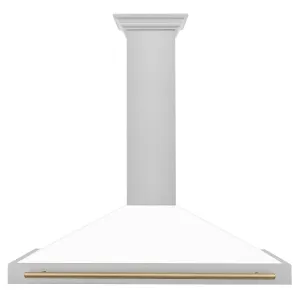 ZLINE 48" Autograph Edition DuraSnow® Stainless Steel Range Hood with White Matte Shell and Champagne Bronze Handle