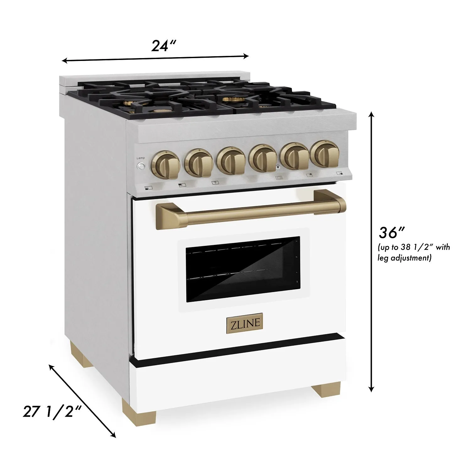 ZLINE Autograph Edition 24" 2.8 cu. ft. Dual Fuel Range with Gas Stove and Electric Oven in DuraSnow® Stainless Steel with White Matte Door and Champagne Bronze Accents (RASZ-WM-24-CB)