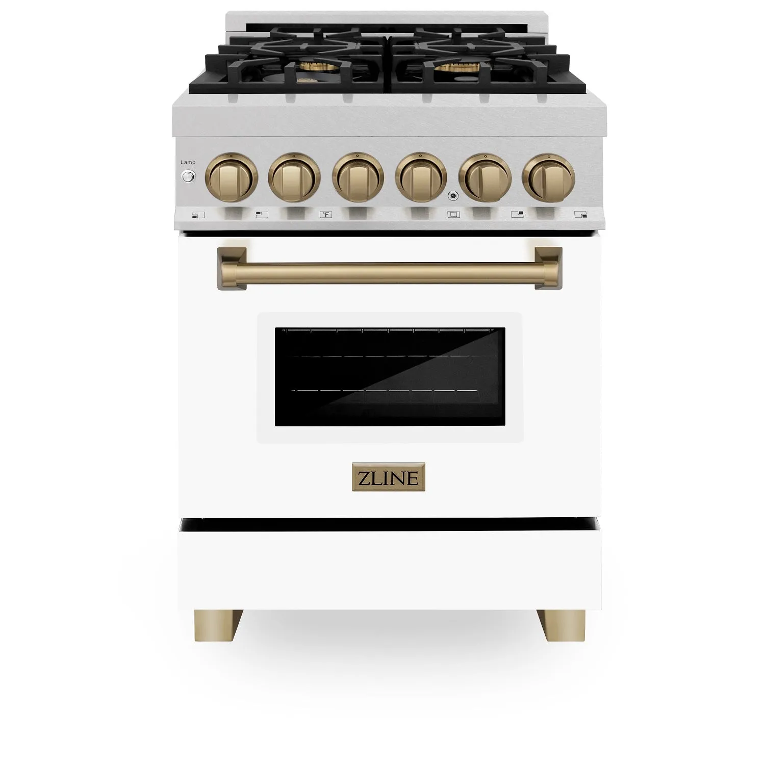 ZLINE Autograph Edition 24" 2.8 cu. ft. Dual Fuel Range with Gas Stove and Electric Oven in DuraSnow® Stainless Steel with White Matte Door and Champagne Bronze Accents (RASZ-WM-24-CB)